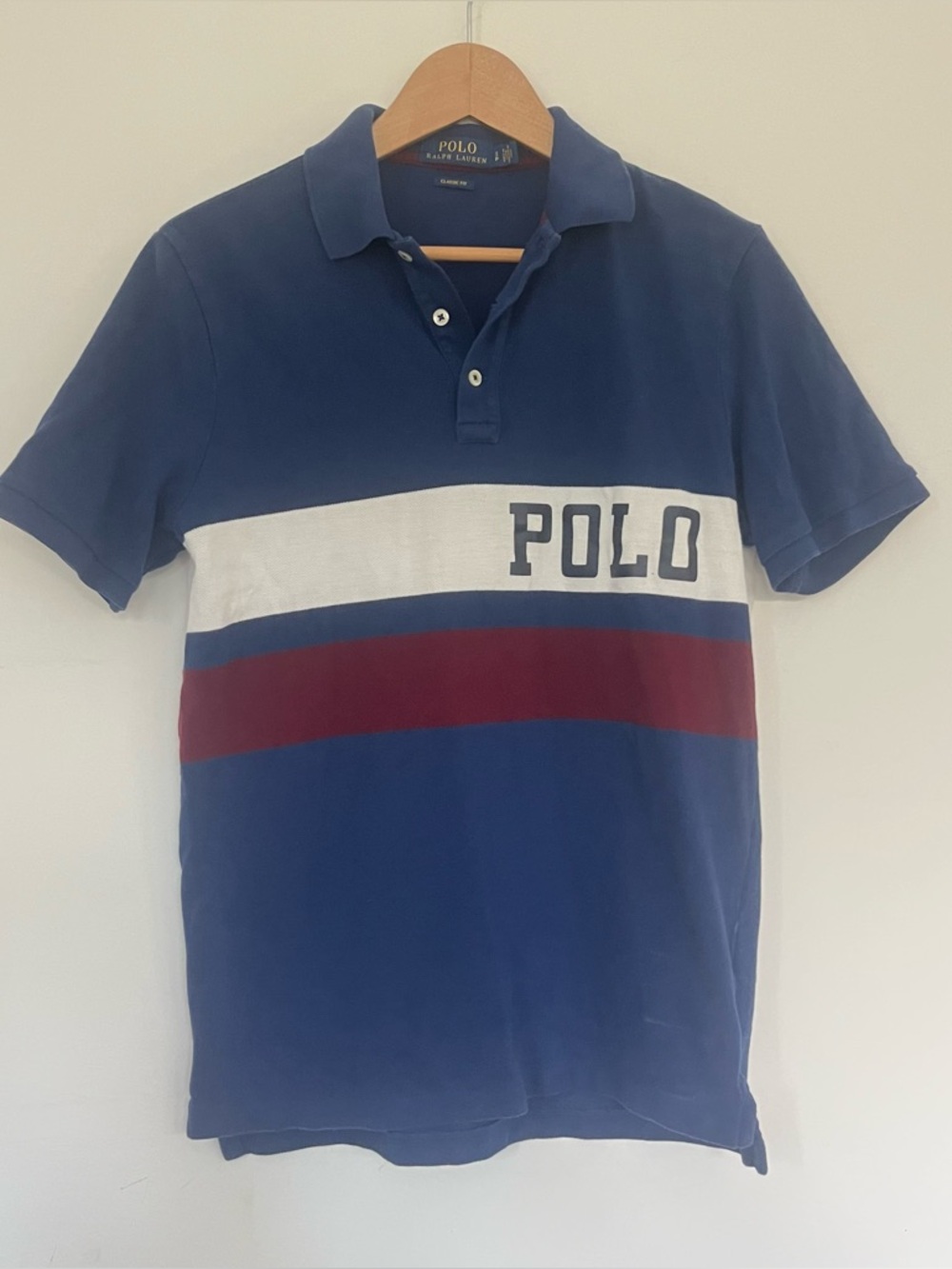 Polo by Ralph Lauren Men's Navy Blue Striped Polo Spell Out Shirt Preppy VTG SM